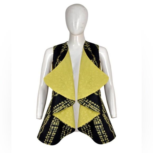 Declaj Clothing original, hand sewn sleeveless navy/yellow tie-dye waterfall top - Picture 1 of 7